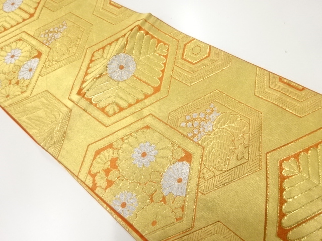 アンティーク　亀甲に若松・菊桐模様織出し袋帯（材料）